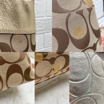 COACH Brand Gold x Beige Signature Pattern Tote Bag Shoulder bags Women's