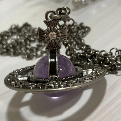 Vivienne Westwood Small Orb Necklace Amethyst Floral Pattern with Drawstring Bag