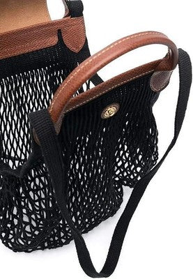 Longchamp Le Pliage Fillet L size Tote Bag Handbag Mesh Bag Black Leather