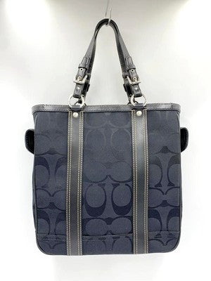 COACH Tote Bag Canvas Black Leather Signature Handbag Zip bag Large Women's