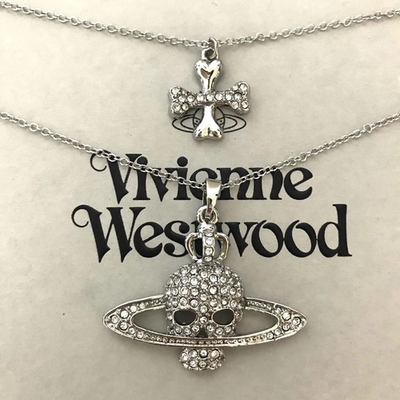 Vivienne Westwood Necklace Double Chain Crystal Cross Skull + Orb Silver 48cm