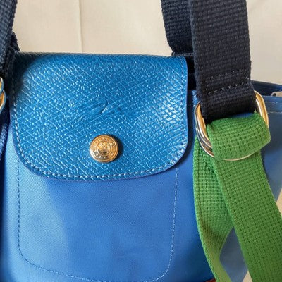 Longchamp Pliage Replay S size Tote Bag Handbag Nylon bag Blue Leather