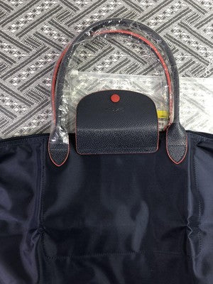 Longchamp L size Tote Bag Hand bag Nylon bag zipper bag Black and Red Leather