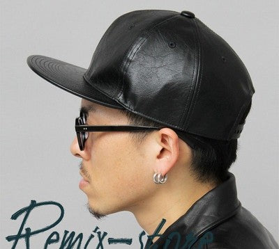 57-62cm American Retro Leather Flat Brim Hat Jet Cap Black 2024