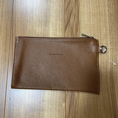 Longchamp Clutch Bag Leather Pouch Hand bag Zipper bag Brown Leather