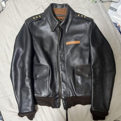 VTG Avirex A-2 Bomber Flight Leather Jacket XS Brown Patrouille de France 1988