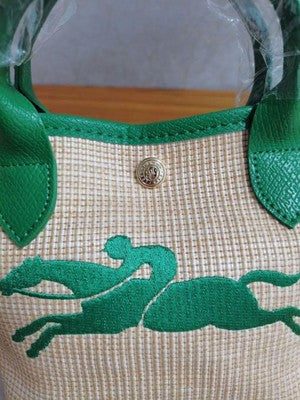 Longchamp S size Tote Bag Hand bag Top Handle Bags Green Leather Cotton