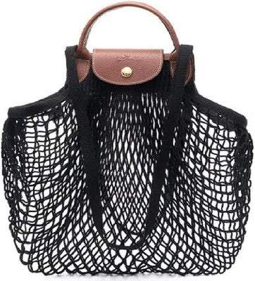 Longchamp Le Pliage Fillet L size Tote Bag Handbag Mesh Bag Black Leather
