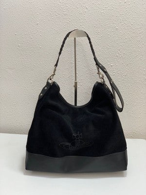 Vivienne Westwood Shoulder Tote Bag Black Suede Orb Logo Leather Strap Bargain