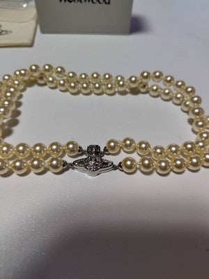 Vivienne Westwood Double-Strand Pearl Orb Choker Necklace, Silver, No Box