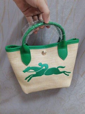 Longchamp S size Tote Bag Hand bag Top Handle Bags Green Leather Cotton