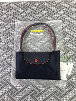 Longchamp L size Tote Bag Hand bag Nylon bag zipper bag Black and Red Leather