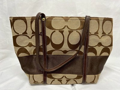 COACH Tote Bag  Brown Beige Canvas Leather Signature Handbag Large Leather