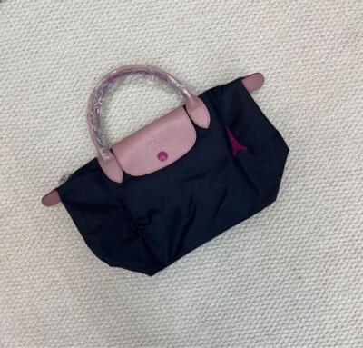 Longchamp M size Tote Bag Handbag Eiffel Tower Embroidery Black Leather