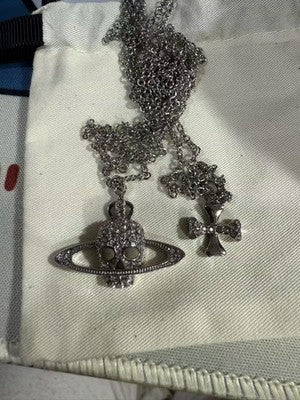 Vivienne Westwood Necklace Double Chain Crystal Cross Skull + Orb Silver 48cm