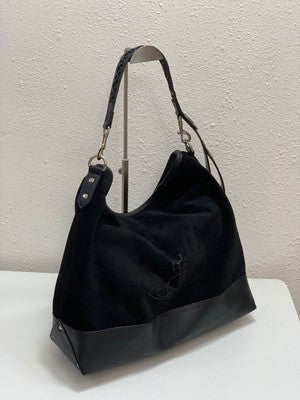 Vivienne Westwood Shoulder Tote Bag Black Suede Orb Logo Leather Strap Bargain
