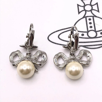 Vivienne Westwood Orb Earrings, Silver Ribbon, White Pearl, 2.1 x 3.5cm, No Box