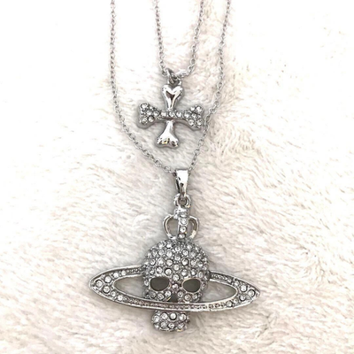 Vivienne Westwood Necklace Double Chain Crystal Cross Skull + Orb Silver 48cm