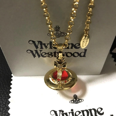 Vivienne Westwood Tiny Orb Gold Red Stone Pendant Necklace, Chain Length: 47.0cm
