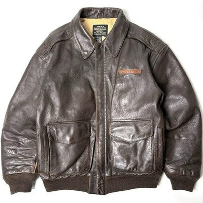 VTG Avirex A-2 Bomber Flight Leather Jacket S Brown Patrouille de France 1988