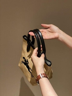 Longchamp M size  Hand bag  Basket bag Straw effect canvas x cowhide leather