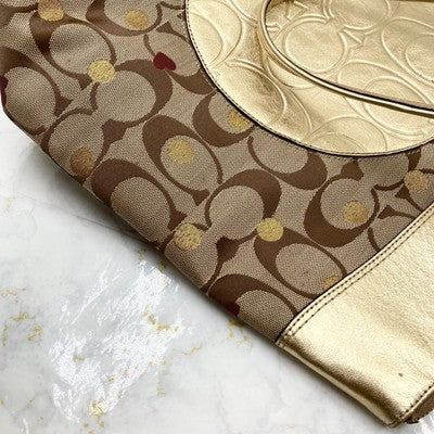COACH Brand Gold x Beige Signature Pattern Tote Bag Shoulder bags Women's