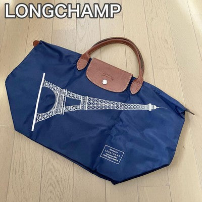 Longchamp Le Pliage Tote Bag Handbag Eiffel Tower Nylon bag Used Navy Leather