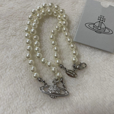Vivienne Westwood Mini Bus Relief Pearl Necklace Choker New Silver Box included