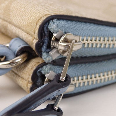 Coach Signature Brown Double Zip Pouch Hand bag Sky Blue Leather Women's