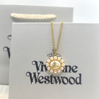 check description Vivienne Westwood AMAYA Sunflower Saturn Pearl Necklace