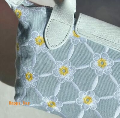 Longchamp XS size Tote Bag Handbag Shoulder bag Light blue Leather Cotton