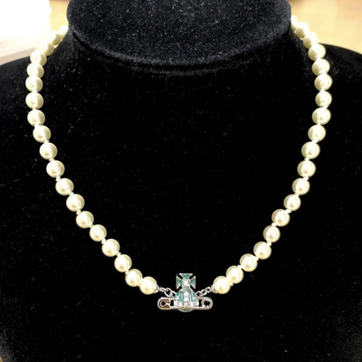 Vivienne Westwood Kitty Pearl Choker Safety Pin Necklace, Blue, with Box