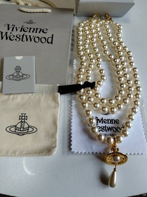 Vivienne Westwood 3-strand necklace, orb motif, drop pearl, pink gold, total49cm