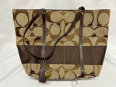 COACH Tote Bag  Brown Beige Canvas Leather Signature Handbag Large Leather