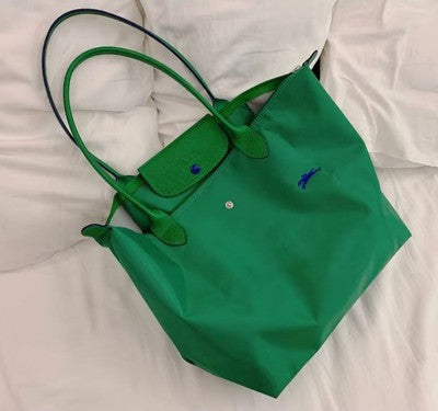 Longchamp S-L size Tote Bag Handbag  Nylon bag Zipper bag Green Leather