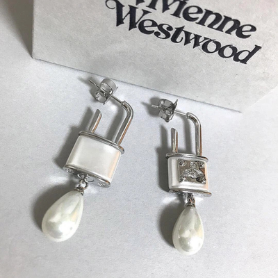Vivienne Westwood Orb Earrings, Teardrop Pearl, Enamel, Silver, Padlock Motif