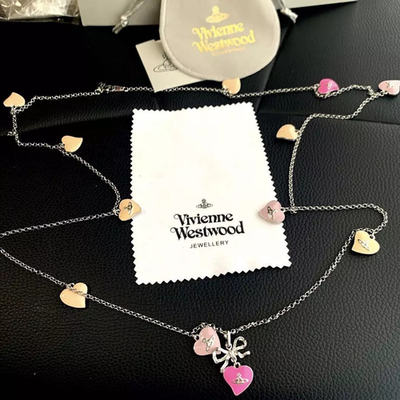 Vivienne Westwood Ribbon Orb Necklace Long Heart Silver Pink Chain 90cm Boxed
