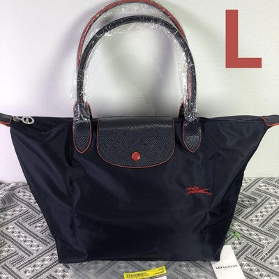 Longchamp L size Tote Bag Hand bag Nylon bag zipper bag Black and Red Leather