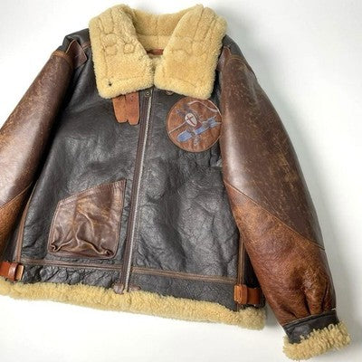 AVIREX B-3 Painted Shearling Jacket Real mouton flight jacket 44 Bomber Brown