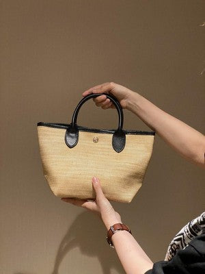 Longchamp M size  Hand bag  Basket bag Straw effect canvas x cowhide leather