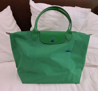 Longchamp S-L size Tote Bag Handbag  Nylon bag Zipper bag Green Leather