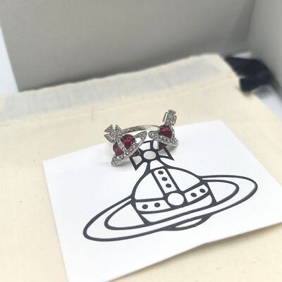 check description Vivienne Westwood Planet Double Heart Open Ring Adjustable
