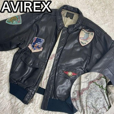 Avirex A-2 Vintage World Map Leather Flight Jacket Patchwork Black Size L