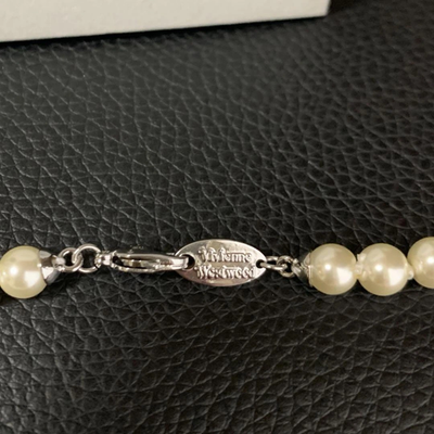Vivienne Westwood Kitty Pearl Choker Safety Pin Necklace, Blue, with Box