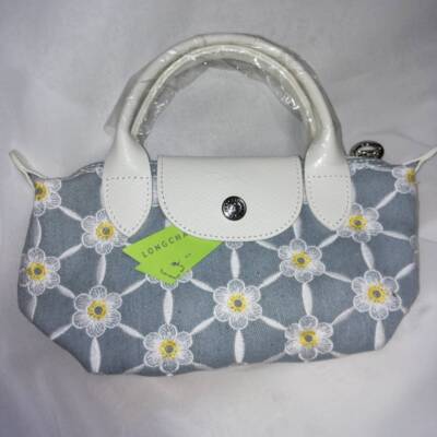 Longchamp XS size Tote Bag Handbag Shoulder bag Light blue Leather Cotton