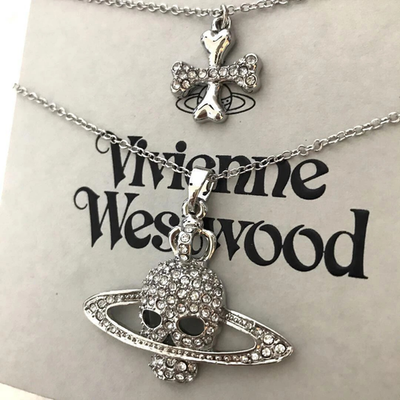 Vivienne Westwood Necklace Double Chain Crystal Cross Skull + Orb Silver 48cm