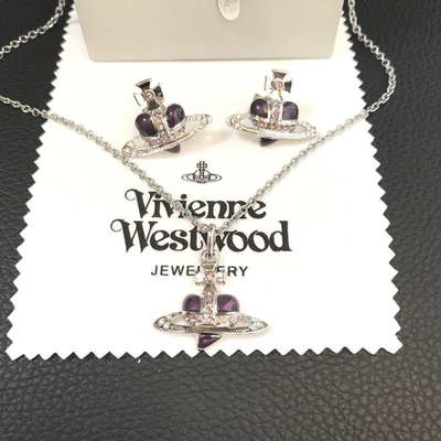 Vivienne Westwood Necklace & Earrings Set, Heart Orb Diamante, Silver, Purple