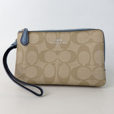 Coach Signature Brown Double Zip Pouch Hand bag Sky Blue Leather Women's