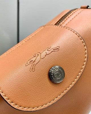 Longchamp Le Pliage XS size Tote Bag Handbag Pouch Cognac Brown Leather