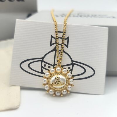check description Vivienne Westwood AMAYA Sunflower Saturn Pearl Necklace